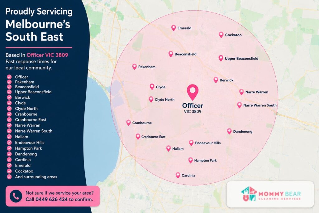 service area map covering Officer, Pakenham, Berwick and Melbourne's South East.